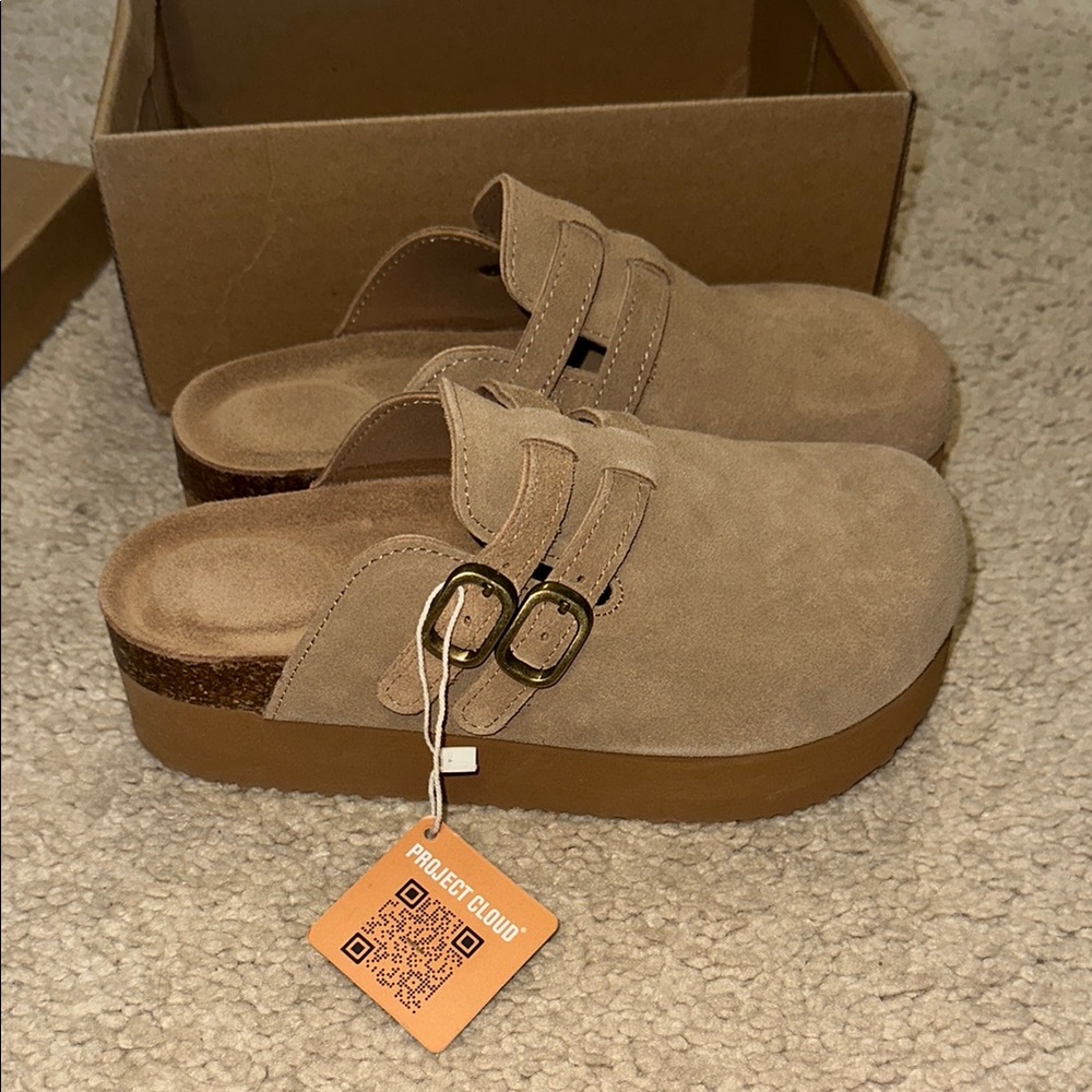 Tan Suede Platform Clogs